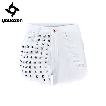 1995 Youaxon Bijele kratke hlače s metalnim zakovicama u stilu punk, ženske poderane kratke traper kratke hlače s prosječnom struka i visoka struka za žene