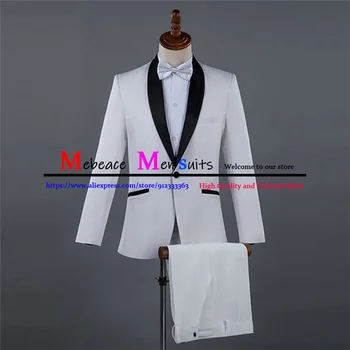 2021 Novi Stil, Službeni Muška Odijela, Tuxedos za Mladoženju, Bijela S Crnim Vizir, Rever, Mladoženja, Vjenčanje Schafer, 2 predmeta (Jakna + Hlače)