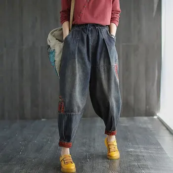 2021, proljeće-jesen, novi umjetnički stil, ženske slobodne vintage traperice s fleksibilnim gumicom u struku, pamučne ženske sportske hlače traper u patchwork stilu, V689