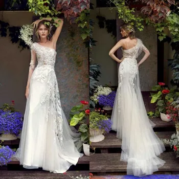 2022 Vjenčanje haljine na jedno rame s dugim rukavima, vjenčanica sa čipkom aplikacija po narudžbi, haljina je trapeznog oblika sa стреловидным vlak, Vestido De Novia