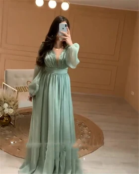 2023 Blijedo-zelene večernje haljine trapeznog oblika s dugim rukavima i pojasu dužine do poda 2021, Дубайские ženske elegantne večernje haljine za maturalnu večer