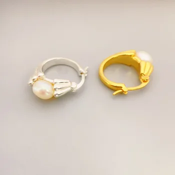 2023 Novi Korejski Naušnice-prsten s Prirodnim biserima za Žene, Naušnice od slatkovodnih bisera u baroknom stilu, Metalne naušnice Zlatne Boje, Nakit