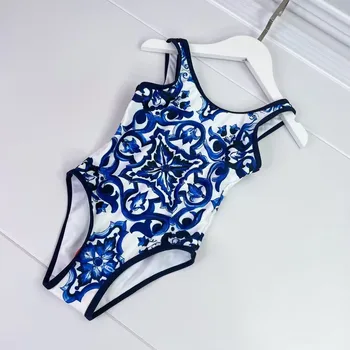 2023 Novi ljetni dječji kupaći kostim plavo-bijeli trokutasti jednodijelni облегающий kostim za djevojčice