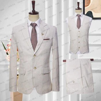 2023 Novi muško odijelo, jakna, prsluk, hlače i visoke klase, popularno čista posteljina Kaki, tanak formalni poslovni svadbeni set iz tri dijela