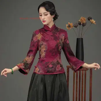 2023 vintage kineski bluza u stilu tan, ženski kostim u etničkom stilu харадзюку, nacionalni cvjetni print, satiny ципао, istočni čaj, košulja ханфу