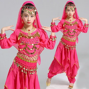 5 kom., kostim za trbušni ples s dugim rukavima za djevojčice-odjevanje za indijske scenskim plesovima, dječji сценические plesne kostime, komplet za dječju odjeću za trbuh
