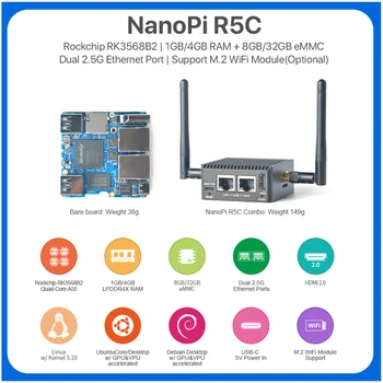 50 KOM NanoPi R5C Openwrt Rockchip RK3568B2 Dual-port Ethernet 2,5 G s Modulom M. 2 WiFi 4 GB LPDDR4X Podrška FriendlyWrt