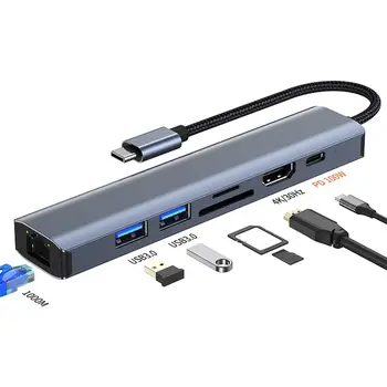 7 in1 USB-C HUB USB 3.0 Lumenom Type-C Razdjelnik 4K HDMI priključne stanice RJ45 Gigabit Ethernet Adapter PD Punjenje Za Prijenosna RAČUNALA