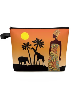 Africa Sunset Ženska Косметичка s Slon, i Žirafa na Red, Radiouredaj Torba za pohranu Šminke, Ženski vodootporna kutija za olovke