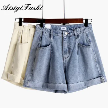 AISIYIFUSHI/ Ženske Traper Kratke hlače s Visokim Strukom, Klasični Vintage Plavo-Bijele Široke Ljetne Ženske Slobodne Ravnici Kratke hlače, Traperice Ženske