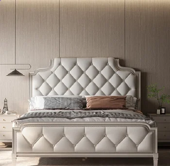 Američka kožni krevet od punog drveta 1,8 m, europska lampa, luksuzna bračni krevet u talijanskom jednostavnom modernom stilu