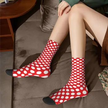 Bijele i crvene čarape grašak, starinski spot print, novo, tinejdžerske nadkoljenice srednje dužine, moderne čarape za teretanu od kemijskih vlakana velike veličine