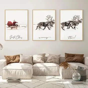 Božićni plakat Djed Mraz i Los donose poklone na snijegu, slika na platnu, suvremeni art print, zidno slikarstvo, dekoracija za dom