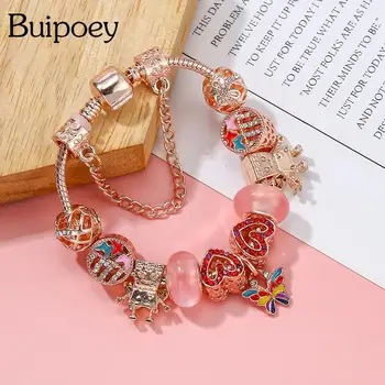 Buipoey privjesak u obliku leptira s pozlatom, srce, roze perle, narukvice s privjescima u obliku Cvjetnog Vile za žene, parovi narukvica, nakit