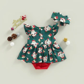 Citgeett Ljetno Božićna haljina-body za novorođene djevojčice, svakodnevne tijelo s cartoonish po cijeloj površini, s dugim rukavima, povez za glavu, odjeća
