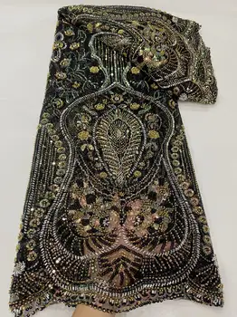 Crna afrička težak kvalitetna čipka cvjetne čipke tkanina sa šljokicama, afrička luksuzna tkanina ručno beaded za žene, haljine za vjenčanje stranaka