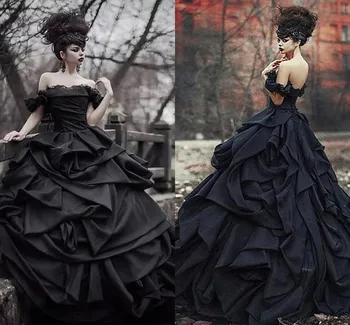Crna vjenčanica u gotičkom stilu 2022 Plus Veličina S otvorenim ramenima, Kaskadno volanima, Korzet čipka-up, čipkan vjenčanice Mariage