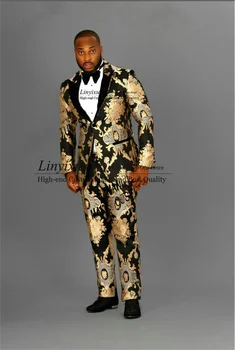 Crnci Zlatna muška odijela s cvjetnog vez i šiljastih lapels, Vjenčanje tuxedos mladoženja, Setove iz 2 predmeta, muška sportska jakna za prom, приталенный odijelo Homme
