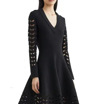 Crno Трикотажное pamuk donje haljina, moderan haljina od Džerseja s V-izrez i dugih rukava, otvoren haljina 41814