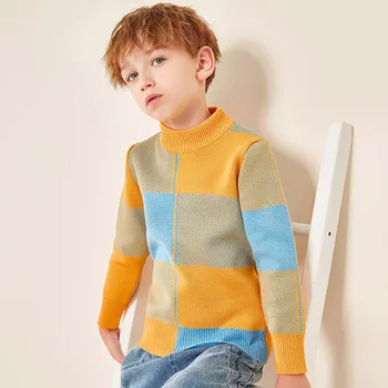 Dječji pletene casual džemper za dječake, jesen-zima 2023, novi dječji утепленный kardigan s obojene blokove, mekani pulover dugih rukava, odjeća