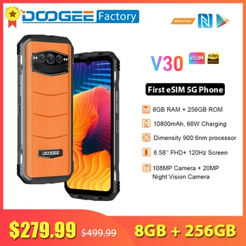 DOOGEE V30 Prvi smartphone eSIM 5G 8GB 256GB MTK Dimensity 900 6nm Procesor 10800 mah 108 Mp Mobilni telefoni, Wifi 6 NFC Mobilni telefon