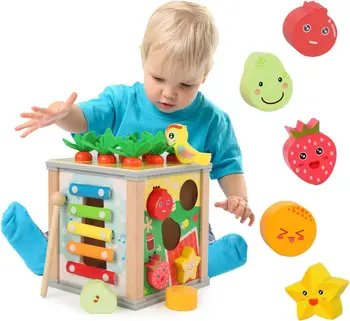 drvena Kocka Montessori 6в1, Igračke za djecu od 12 m +, Igra za Berbe Mrkve i Labirint od Perli, Predškolska Nastava, Razvrstavanja Oblika