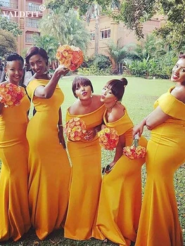 Duge haljine djeverušama od žutog satena Sirena 2022 godine s otvorenim ramenima, vjenčanica za afričke djevojke, Vestido Invitada Boda