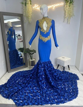 Duge luksuzni maturalne haljine u stilu Sirene kraljevske plave boje 2023 za crne djevojčice, večernje haljine s dugim rukavima u obliku zlatnih aplikacija sa 3D bojama