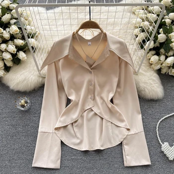Elegantan vintage asimetrični bluzu s dugim rukavima, casual šik modni vrh, ženske korejski modni tanke proljeće-jesen košulje Y2k