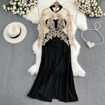 Foamlina Elegantan ženski transparentno сетчатое haljinu dugih rukava u patchwork stilu s cvjetnim uzorkom i visoka struka, suptilno seksi haljina-sirena s prorezom, maxi-haljinu