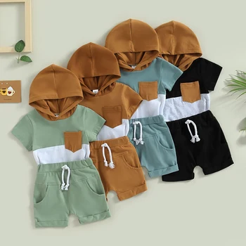 FOCUSNORM, kompleti odjeće za male dječake iz 2 predmeta, od 0 do 3 godine, u boji majice u patchwork stilu s kapuljačom i kratki rukav + čvrste gaćice na uzice
