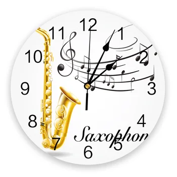 Glazbeni simbol saksofon, zlatne izolirani veliki zidni sat, dekor za restoran, kafić, okrugli zidni sat, tiho ukras kuće