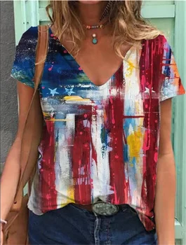 Godišnja ženska majica kratkih rukava na Dan Neovisnosti od po cijeloj površini pentagram sa 4. srpnja, Domoljubni Dekor, Američku Zastavu, Modni Vrhovima