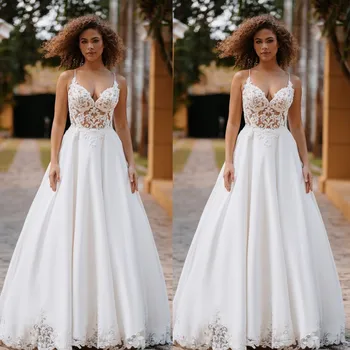 Graciozan jednostavna vjenčanje haljine za žene na tanke trake čipkom aplikacija, vjenčanicu s rukava i otvorenih leđa, Vestidos De Noiva