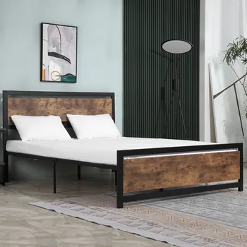 [Hitna rasprodaja]Okvir kreveta Queen Platforma s uzglavljem i изножьем, noseći teret 880 kg, crna i smeđa u rustikalnom stilu [Na lageru u SAD-u]