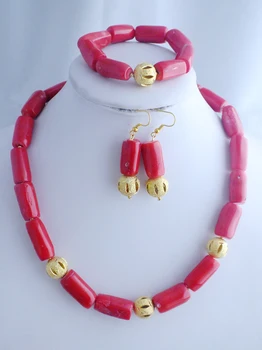 Iznenađujuće setovi nakita od crvenih koralja perli, vjenčanje afričke nigerijski kompleta umjetnih ogrlica 20 