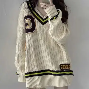 Japanski opušten džemper sa v-izrez u stilu joker, ženski džemper u proljeće i jesen do 2022, novi džemper s natpisom sweet wind, вязаное kaput za lijenog faksu y2k