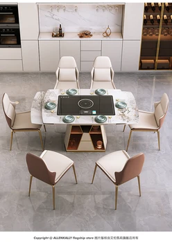 Jednostavno luksuzna kombinacija stola za blagovanje i stolice od kamena ploča, moderan i jednostavan tipu kućanstva, kvalitetan sklopivi sklopivi induktor