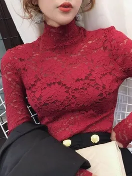 Jesenski ženska tanke crne cvjetne čipke t-shirt, seksi водолазка dugi rukav, tanka cvjetne čipke вязаная t-shirt u patchwork stilu, vrhovima