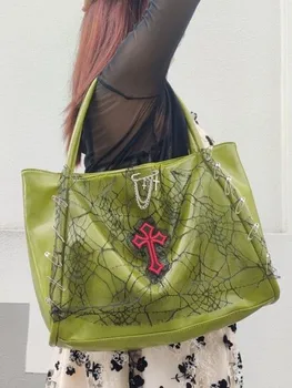 JIAERDI Vintage svakodnevni torba-тоут s križem, ženska Y2k, grunge, gothic, punk, svakodnevne zelene Torbe, ženska torba velikog kapaciteta u stilu харадзюку