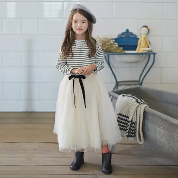 Komplet za djevojčice, proljeće-jesen korejski odjeća za mlade, хлопковая majica na pruge s dugim rukavima + nadvoji duga suknja, kostim iz 2 predmeta za 3-14 godina