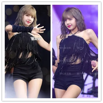 Korejski celebrity Kpop, nova bijela seksi majica bez rukava s кисточками, Majice i crne tanke Gaćice s visokim strukom ženske odjeće iz 2 predmeta