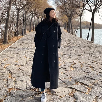 Korejski donje crno duge vune kaput 2023, proljeće-jesen, casual zupčasti ovratnik, двубортная ženska gornja odjeća dugih rukava