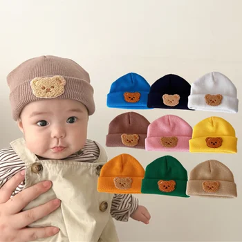 Korejski slatka dječja kapa-bini s cartoonish medvjedom, blaga zima topla kapa za novorođene dječake i djevojčice, monotono вязаная kapa za djecu