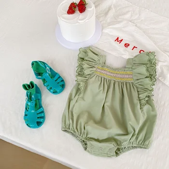 Ljetna odjeća za bebe, jednodijelni kombinezon s letom rukava za djevojčice, однотонный kombinezon zelene boje, vezeni trokutasti odijelo za penjanje, kombinezon za novorođenčad