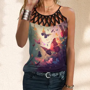 Ljetna otvorena ženska majica bez rukava s cross-over uzorkom, funky majica s bojom ispis leptiri za žene