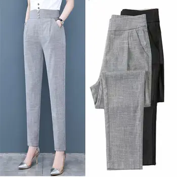 Ljetne ženske ravnici elegantne hlače s visokim strukom do ankles, uredski ženske slobodne šik hlače, ženske, svakodnevne modne hlače E151