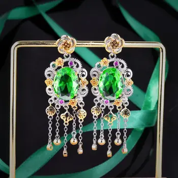 Luksuzni ovalni naušnice od оливина s dugom četkom i maslinasto-zeleni kamen za žene, berba viseće naušnice, večernje upadljiv nakit, poklone