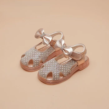 Luksuzni sandale sa šljokicama za djevojčice 2023, ljetna dječja obuća, modni plaža cipele princeza s lukom, dječje sandale za djecu, roza, crna