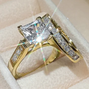 Luksuzni Ženski Kompleti Četvornih prstenova Zlatne Boje, Vjenčano Prstenje za Žene, Šarmantan zaručnički prsten s velikim циркониевым kamen